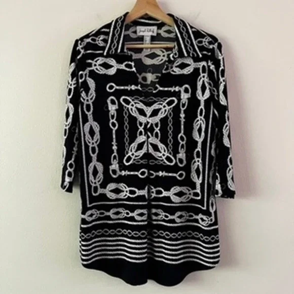 Joseph Ribkoff Nautical Rope V-Neck Top in Midnight Blue/Vanilla size 12 - Picture 5 of 14